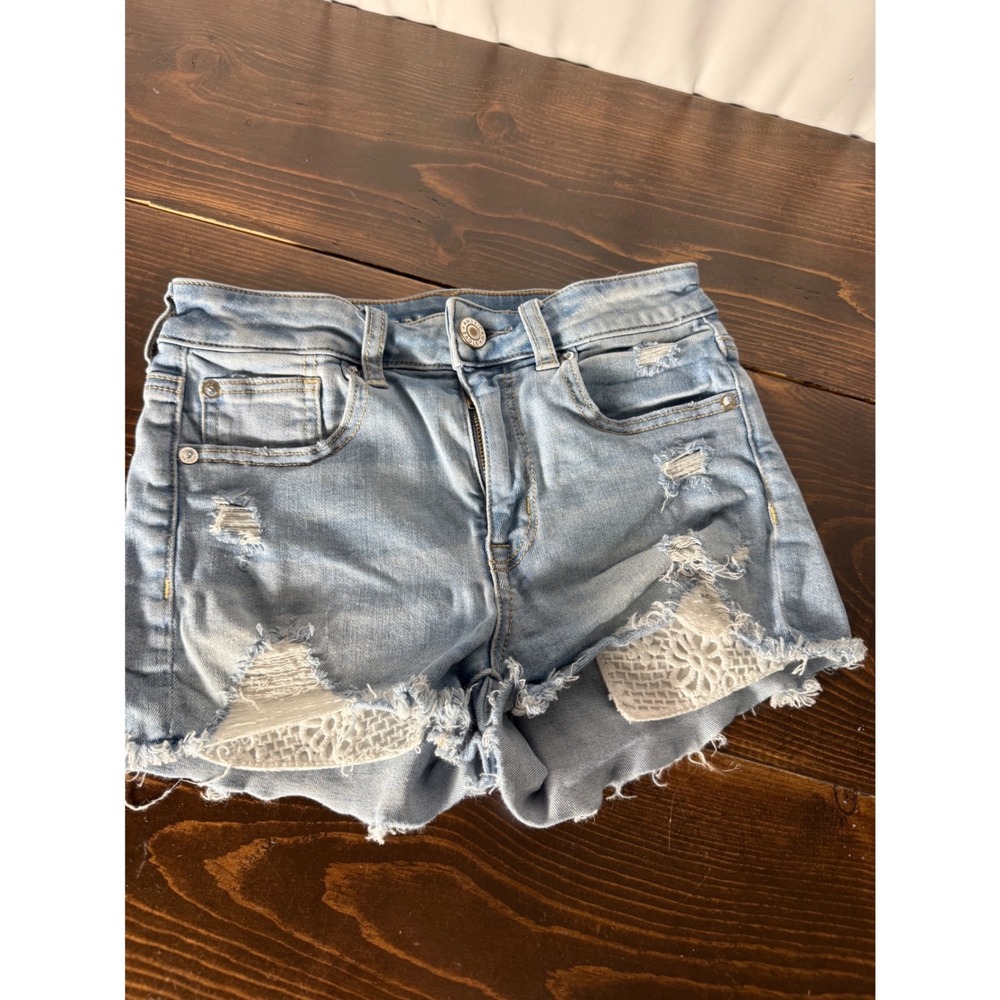 American Eagle Ne(x)t Level Stretch Distressed Crochet Lace Denim Shorts Size 2